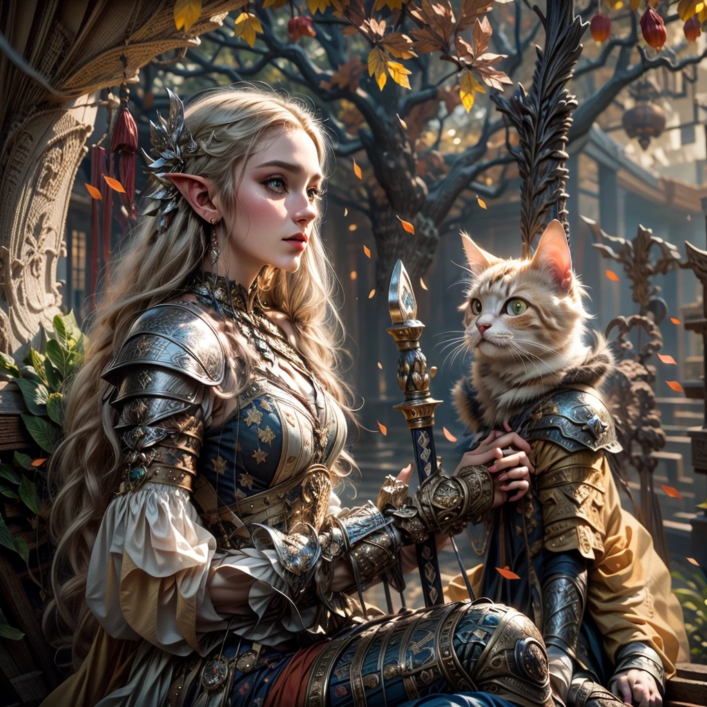 (one person with a cat) (hyperrealistic) (masterpiece) (4k) one adult female elf with dark blonde hair, forehead, wearing medieval clothes and silver armor playing with a big orange-white cat with orange-green eyes, medieval nature background, sword, books, medieval place, nature, elf with her pet, one elf and one cat, medieval ruin, green nature, green trees