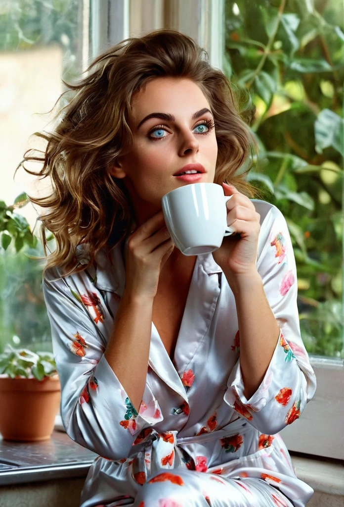 Brunette girl[Sophia Loren:Maude Adams:0.45], just woken up, still wears silk pajamas, holds a cup of hot coffee at her Kitchen in the early morning, (best quality, masterpieces, ultra-detailed), beautiful detailed eyes, beautiful detailed lips, longeyelashes, vibrant colors, illustrative style, high resolution fine photographs texture, flowing messy hair, cozy garden background, soft sunlight, lively expression, joyful interaction with the cat, dynamic pose, realistic rendering, MidJourney Aesthetic