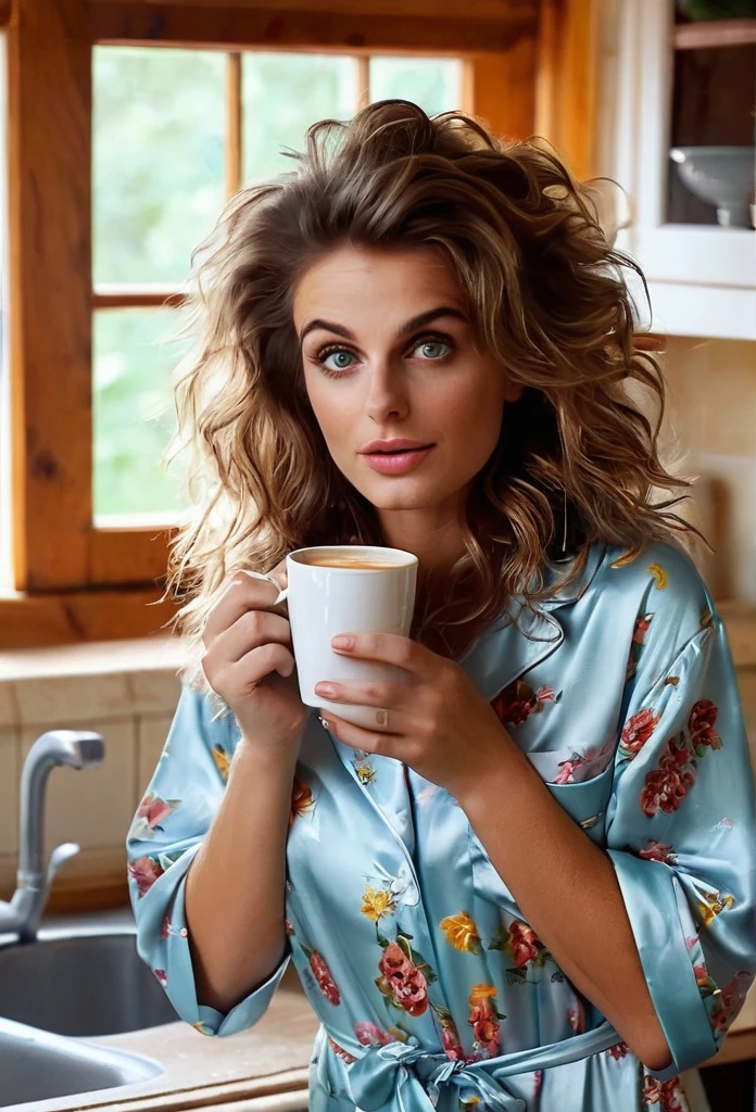 Brunette girl[Sophia Loren:Maude Adams:0.45], just woken up, still wears silk pajamas, holds a cup of hot coffee at her Kitchen in the early morning, (best quality, masterpieces, ultra-detailed), beautiful detailed eyes, beautiful detailed lips, longeyelashes, vibrant colors, illustrative style, high resolution fine photographs texture, flowing messy hair, cozy garden background, soft sunlight, lively expression, joyful interaction with the cat, dynamic pose, realistic rendering, MidJourney Aesthetic