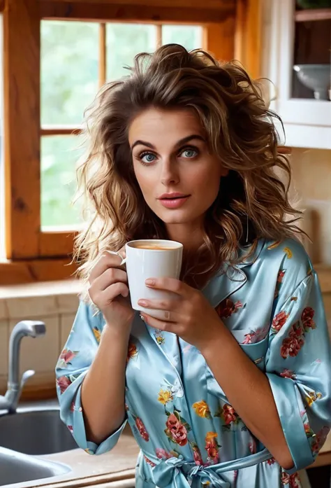 Brunette girl[Sophia Loren:Maude Adams:0.45], just woken up, still wears silk pajamas, holds a cup of hot coffee at her Kitchen ...