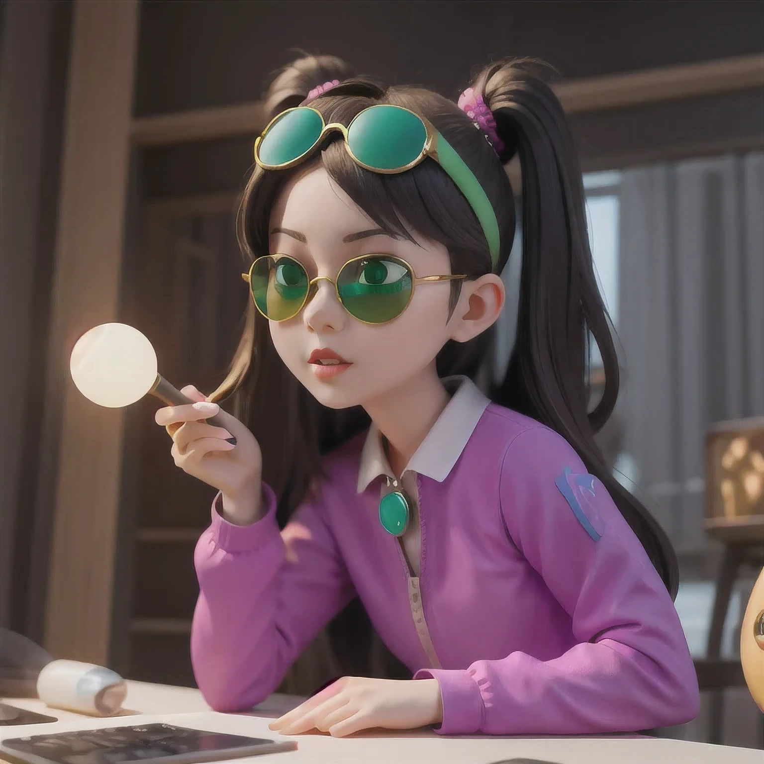 （（（1 girl）））araffe wearing a purple outfit and sunglasses with a purple choke, trending on cgstation, artwork in the style of guweiz, inspired by Yanjun Cheng, guweiz, deviantart artstation cgscosiety, 🌺 cgsociety, 3 d render character art 8 k, g liulian art style, inspired by Feng Zhu，（（Imperial green jadeite sunglasses））