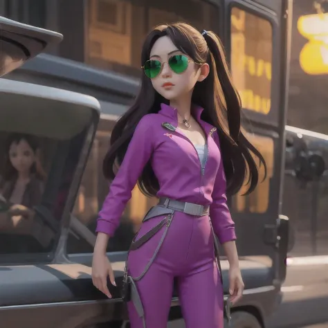 （（（1 girl）））araffe wearing a purple outfit and sunglasses with a purple choke, trending on cgstation, artwork in the style of gu...