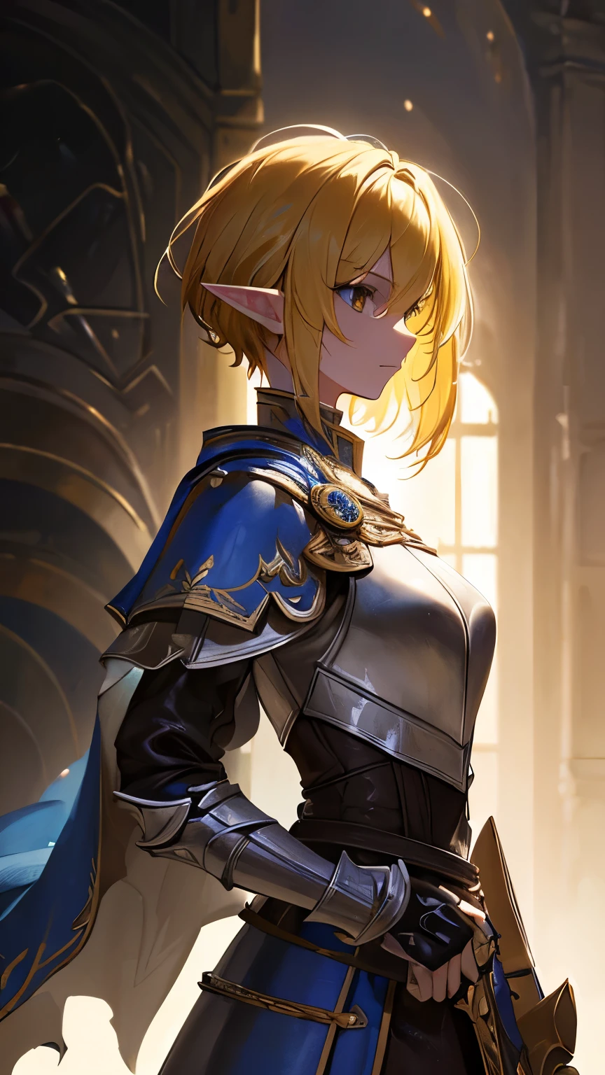 ((best quality)), ((masterpiece)), (detailed), perfect face, perfect detailed eyes, perfect detailed face, ultra-detailed nose, yellow hair, messy hair, hair over eyes, short hair, pale skin, forehead mark, pointy ears, cinematic lighting, chiaroscuro, elf, Female Knight, Elf Hero, (Wearing black armor, Hold a dagger in right hand), cowboy shot, from side
