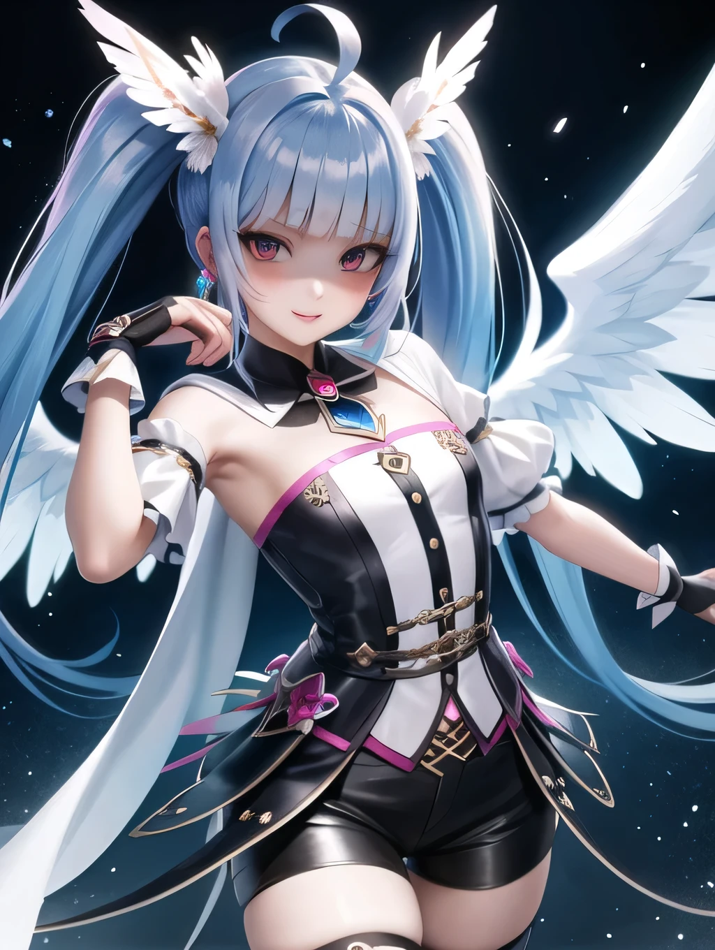 masterpiece, best quality, from above, 
1girl, cure sky, 
dress, twintails, gradient hair, ahoge, blunt bangs, head wings, fingerless gloves, white shirt, puffy detached sleeves, cape, thighhighs, blue legwear, gem, single earring, best quality, ultra-detail, masterpiece, anime, 1girl in, solo, cure sky,blue hair,long hair, feather hair ornament, skirt. tiara, wrist cuffs, (black shorts), black shorts under skirt, boots, (glossy fabric), cowboy shot, black gemstones, standing, blush, (beautiful detailed eyes), extra detailed face, perfect lighting, extremely details CG, (perfect hands, perfect anatomy), shiny material, a blue ribbon, jewelry, latex shine,red eye,dark orla,straight hair,black wing,black dress,