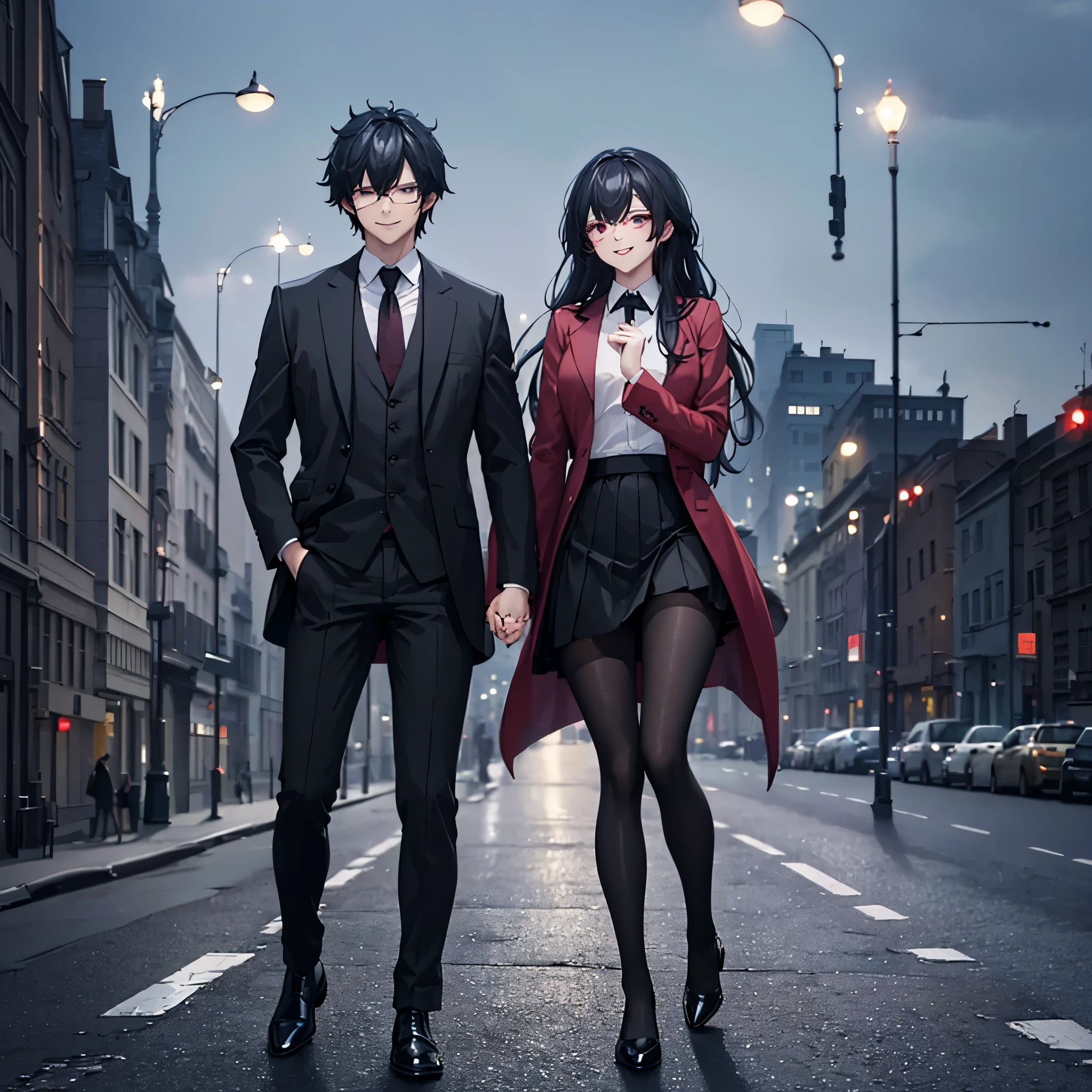 A man together with a woman holding hands Walking on a wide sidewalk overlooking a city at night with illuminated buildings, with perfect lighting, (romantic mood) (holding hands perfectly with coherent fingers), (woman wearing red coat white shirt , black skirt, black tights, smiling red eyes, long black hair) (a man wearing a black suit, black pants, black hair, dark blue eyes, smiling) (just a man and woman couple), .shadow, flower , UHD , masterpiece, accurate, anatomically correct, textured skin, super detail, high quality, best quality, 8k, high resolution, bokeh effect.
