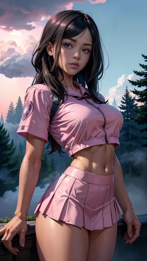 (La mejor calidad,A high resolution,Ultra - detallado,actual),Jenna Ortega (mini skirt pink :1.4), top camisa con corbata,(cabel...