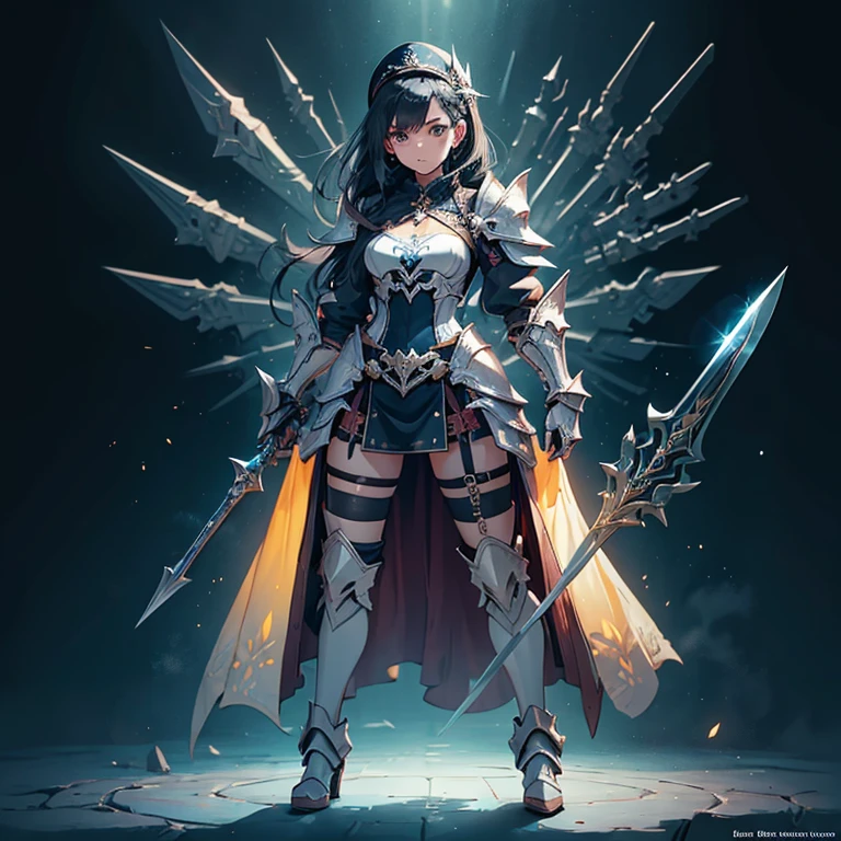 Design a layout showcase Gaming character, (1girl). Golden+Purle clothes, stylish and unique, ((showcase weapon:1.4)), magic staff, (masterpiece:1.2), (best quality), 4k, ultra-detailed, (Step by step design, layout art:1.5), (luminous lighting, atmospheric lighting), magican, ((glove full hands)), (((revealing clothes:1.3))), vambraces, armored legwear, (((full_body_shot:1.4)))