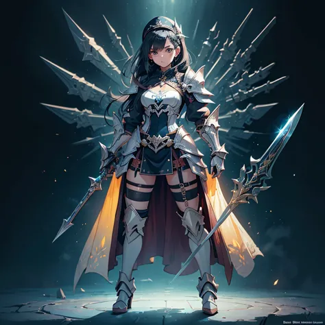 Design a layout showcase Gaming character, (1girl). Golden+Purle clothes, stylish and unique, ((showcase weapon:1.4)), magic sta...