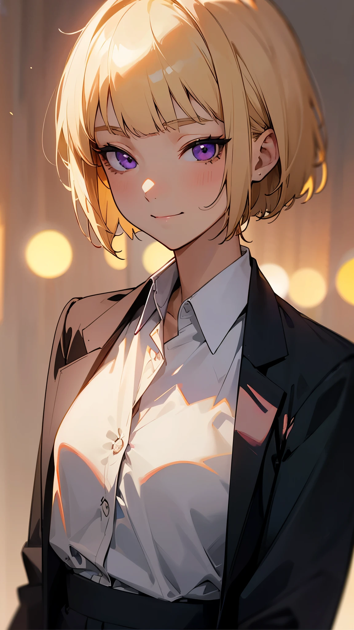 1 girl、8k、Sharp focus、(Bokeh) (highest quality) (Detailed skin:1.3) (Intricate details) (anime)、(blonde)、short hair、Bobcut、Blunt bangs、Beautiful purple eyes、Slender body、Upper body close-up、White shirt、Black work trousers、Black Fitted Blazer、Calm face、Mouth closed、Cheeky Smile、Squint your eyes、Park in the background、sunset、Soft lighting.