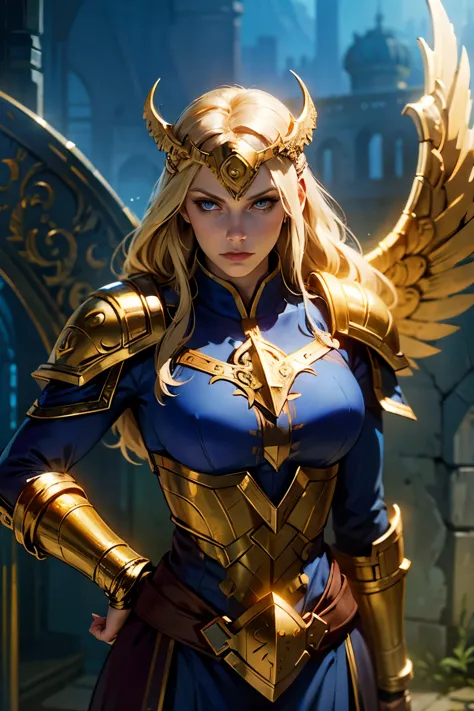 a blonde asgardian heroine. she wears dark blue armor, gold trim, (((norse helm with gold wings))), armored glove, deep v neck. ...