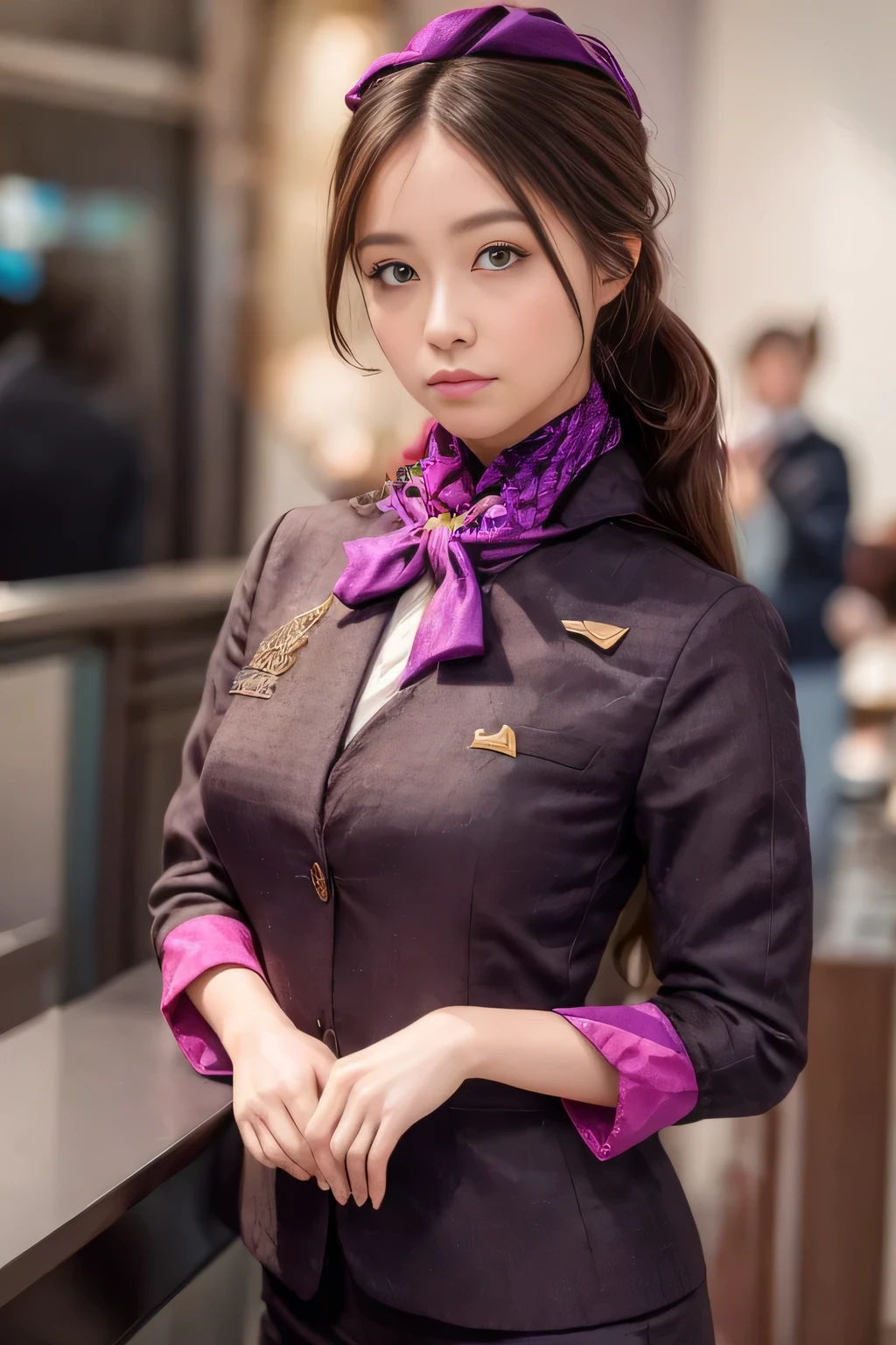 (杰作:1.2、最好的质量:1.2)、32K HDR、高分辨率、(独自的、1 名女孩、苗条身材)、（Realistic reproduction of 阿提哈德航空空乘制服）、 (在机场柜台, 专业照明)、一个正经的女人, 漂亮的脸蛋,、（阿提哈德航空空乘长袖制服）、（阿提哈德航空空乘制服、正面有紫色条纹的裙子）、（胸前的围巾）、大乳房、（长发、发髻）、深棕色头发、远射、（（伟大的手：2.0））、（（和谐的身体比例：1.5））、（（正常肢体：2.0））、（（正常手指：2.0））、（（精致的眼睛：2.0））、（（正常眼睛：2.0））)、优美的站姿、迷人的外观