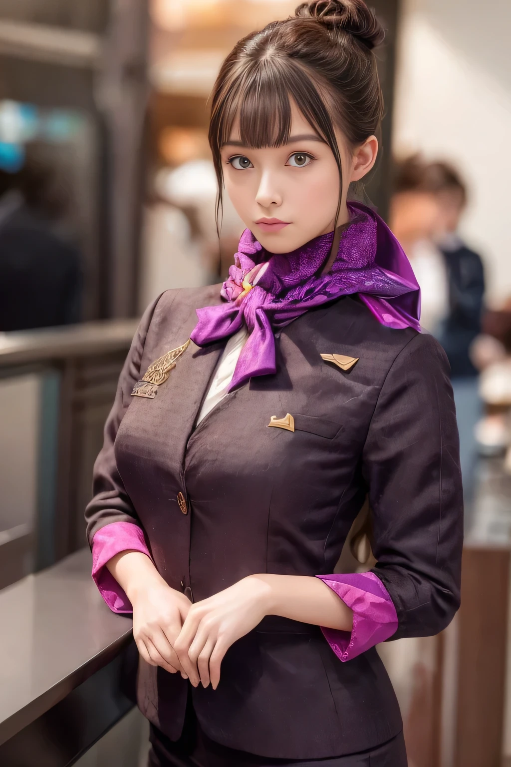(masterpiece:1.2、highest quality:1.2)、32K HDR、High resolution、(alone、1 girl、Slim figure)、（Realistic reproduction of Etihad Airways flight attendant uniforms）、 (At the airport counter, Professional Lighting)、A proper woman, Beautiful Face,、（Etihad Airways flight attendant long sleeve uniform）、（Etihad Airways flight attendant uniforms、Skirt with purple stripes on the front）、（scarf on chest）、Big Breasts、（long hair、Hair Bun）、Dark brown hair、Long Shot、（（Great hands：2.0））、（（Harmonious body proportions：1.5））、（（Normal limbs：2.0））、（（Normal finger：2.0））、（（Delicate eyes：2.0））、（（Normal eyes：2.0））)、Beautiful standing posture、Captivating look