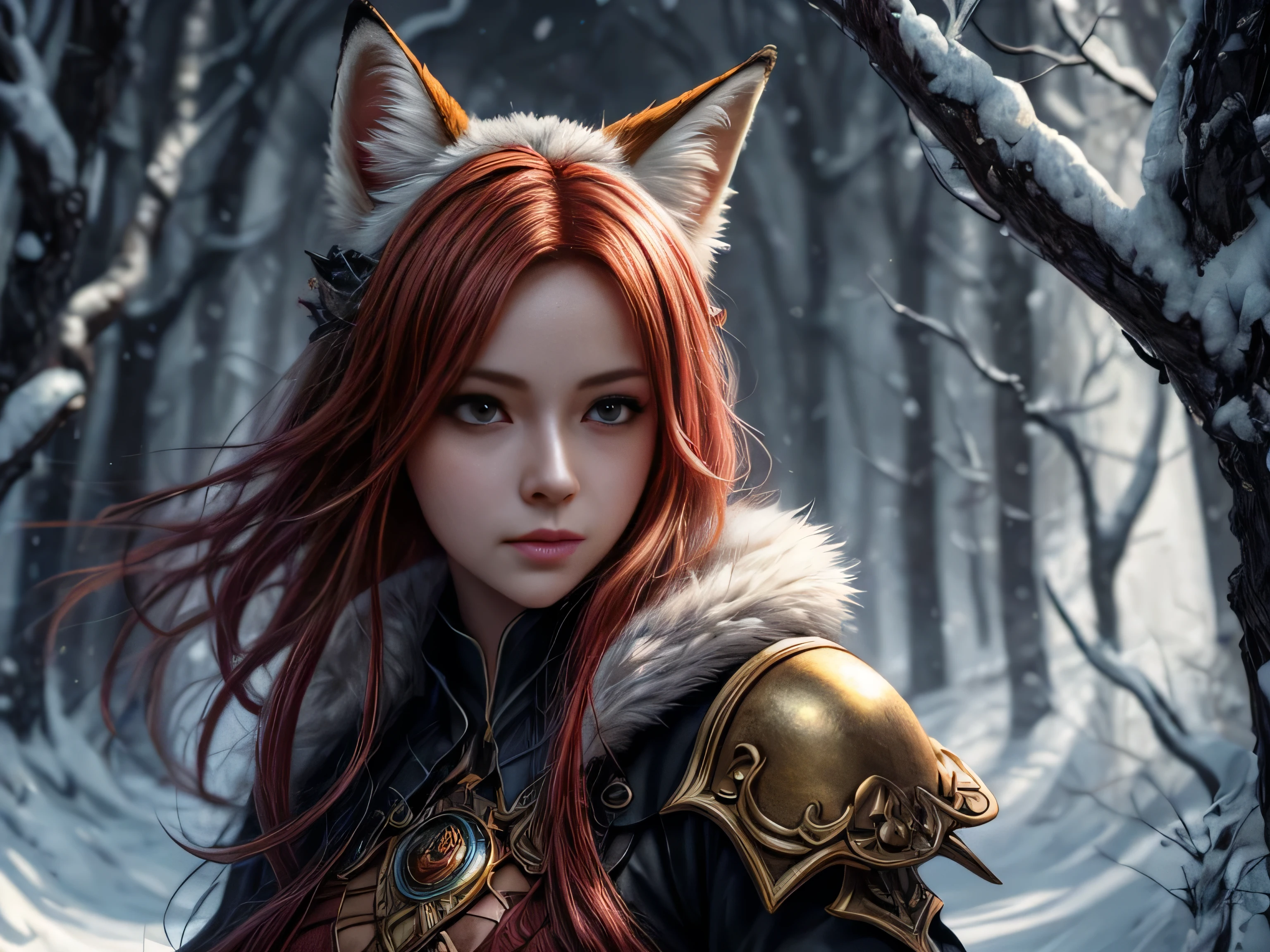 (Best quality, 8K, masterpiece, HDR, soft lighting, picture perfect, realistic, vibrant), foxgirl with red hair and little fox lying on the snow, kitsune, beautiful fox, nobushi fox, beautiful female kitsune, digital anime illustration, beautiful illustration, beautiful digital artwork, exquisite digital illustration, realistic digital anime art, realistic anime style digital art, (ultra high quality fantasy art, final fantasy), masterpiece, ultra high quality female character design, anime art with development 8k, realistic anime art, wallpaper illustrations of the highest quality, complex ultra high quality accurate faces of female characters, high quality design and accurate physics (ultra high quality fantasy style)), art, dark fantasy)) Style), masterpieces, super high quality characters, anime resolution - 8K, realistic anime art, highest quality wallpaper illustration, ultra-high facial detail, quality design and physics accuracy), by color, depth of field, shadows, ray tracing, high quality and 8K resolution computer wallpaper production, Fantasy Love Fox, Dark Fox -mage, (Accurate simulation of the interaction of light and materials)], [Highly detailed hair [More about beautiful and shiny red hair]], (Beautifully detailed hands [perfect fingers [Beautiful nails]], (perfect anatomy (perfect proportions)) [[ Full-length]], [Perfect color combination (Accurate imitation of the interaction of light and material)], [art that conveys the meaning of the story]