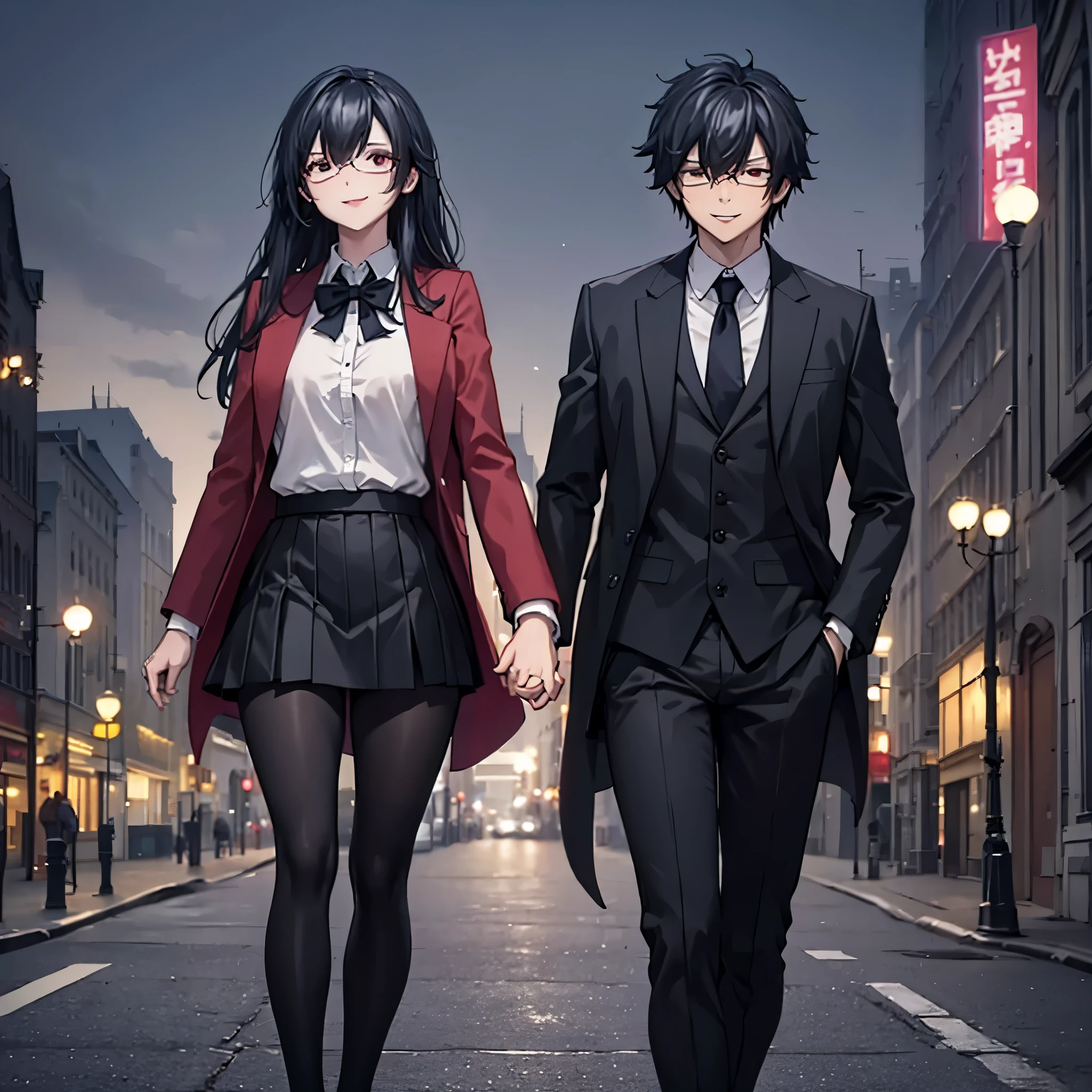 A man together with a woman holding hands Walking on a wide sidewalk overlooking a city at night with illuminated buildings, with perfect lighting, (romantic mood) (holding hands perfectly with coherent fingers), (woman wearing red coat white shirt , black skirt, black tights, smiling red eyes, long black hair) (a man wearing a black suit, black pants, black hair, dark blue eyes, smiling) (just a man and woman couple), .shadow, flower , UHD , masterpiece, accurate, anatomically correct, textured skin, super detail, high quality, best quality, 8k, high resolution, bokeh effect.
