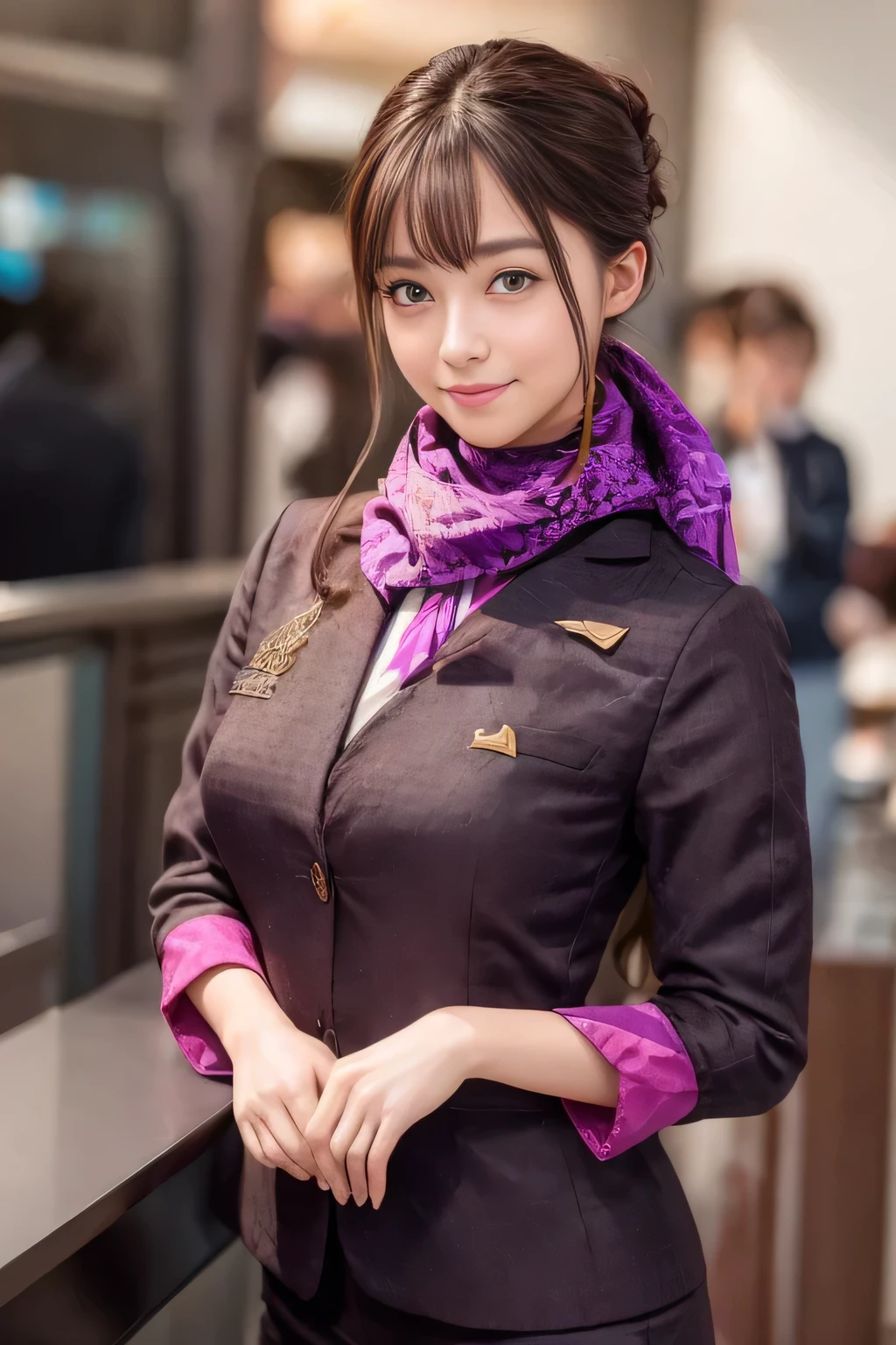 (masterpiece:1.2、highest quality:1.2)、32K HDR、High resolution、(alone、1 girl、Slim figure)、（Realistic reproduction of Etihad Airways flight attendant uniforms）、 (At the airport counter, Professional Lighting)、A proper woman, Beautiful Face,、（Etihad Airways flight attendant long sleeve uniform）、（Etihad Airways flight attendant uniforms、Skirt with purple stripes on the front）、（Scarf around the neck）、Big Breasts、（long hair、Hair Bun）、Dark brown hair、Long Shot、（（Great hands：2.0））、（（Harmonious body proportions：1.5））、（（Normal limbs：2.0））、（（Normal finger：2.0））、（（Delicate eyes：2.0））、（（Normal eyes：2.0））)、Beautiful standing posture、smile
