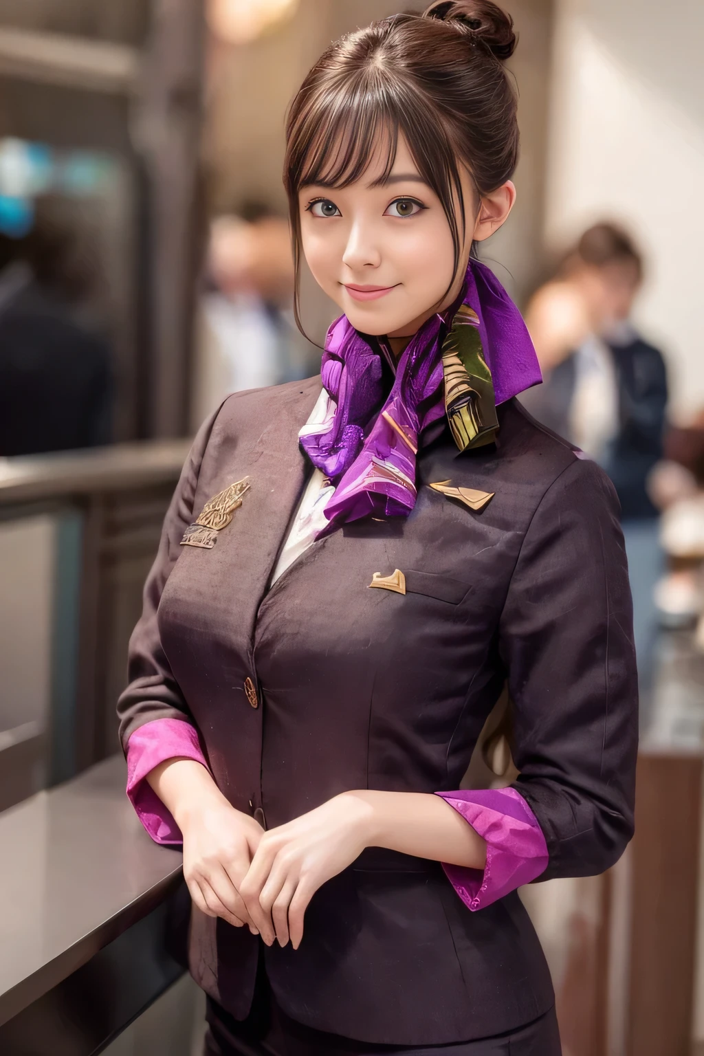 (杰作:1.2、最好的质量:1.2)、32K HDR、高分辨率、(独自的、1 名女孩、苗条身材)、（Realistic reproduction of 阿提哈德航空空乘制服）、 (在机场柜台, 专业照明)、一个正经的女人, 漂亮的脸蛋,、（阿提哈德航空空乘长袖制服）、（阿提哈德航空空乘制服、正面有紫色条纹的裙子）、（脖子上的围巾）、大乳房、（长发、发髻）、深棕色头发、远射、（（伟大的手：2.0））、（（和谐的身体比例：1.5））、（（正常肢体：2.0））、（（正常手指：2.0））、（（精致的眼睛：2.0））、（（正常眼睛：2.0））)、优美的站姿、微笑