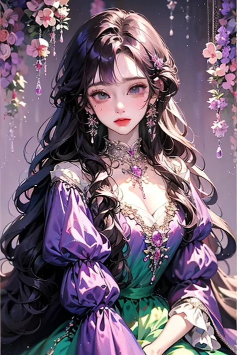 Anime girl sit posing for photo with long purple hair and earrings, an anime drawing inspired by Yanjun Cheng, Pisif, Fantasy ar...