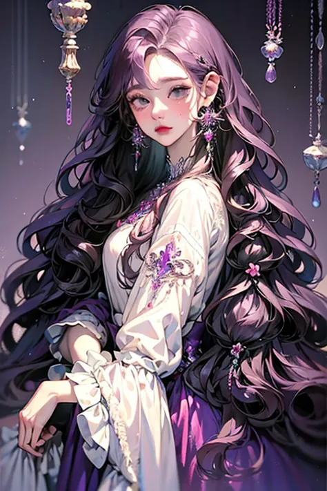 Anime girl sit posing for photo with long purple hair and earrings, an anime drawing inspired by Yanjun Cheng, Pisif, Fantasy ar...