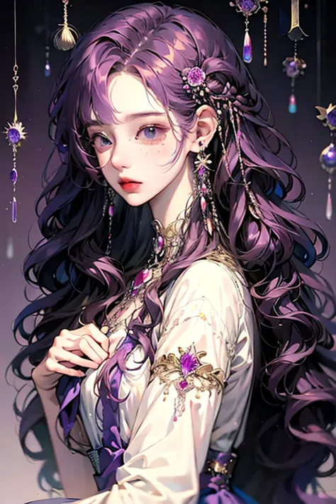 Anime girl sit posing for photo with long purple hair and earrings, an anime drawing inspired by Yanjun Cheng, Pisif, Fantasy ar...