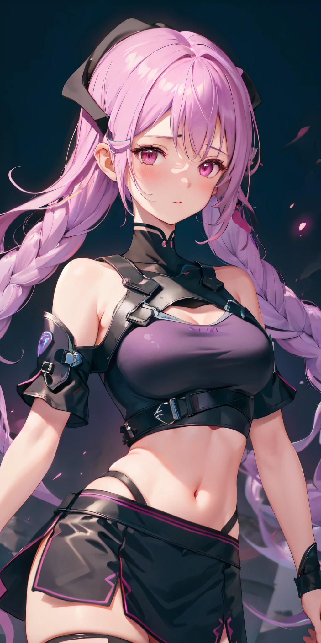 1 Girl, Open your mouth, blush, cosmetic, A faint smile, Purple and white gradient double braids, Red Eyes, Crop Top, skirt, light, glow, thigh, clavicle, Willow Waist, (masterpiece), wallpaper,