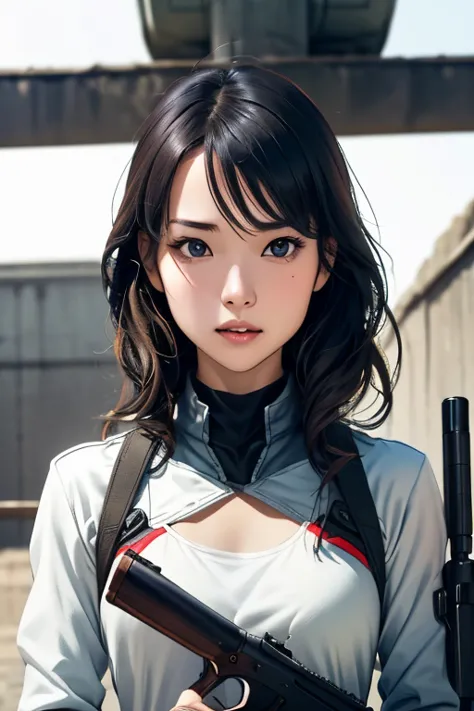 survival game、heavy armored soldier、survival gameのフィールド、a beautiful girl is holding a firearm、head to waste、vulcan cannon、m134 m...