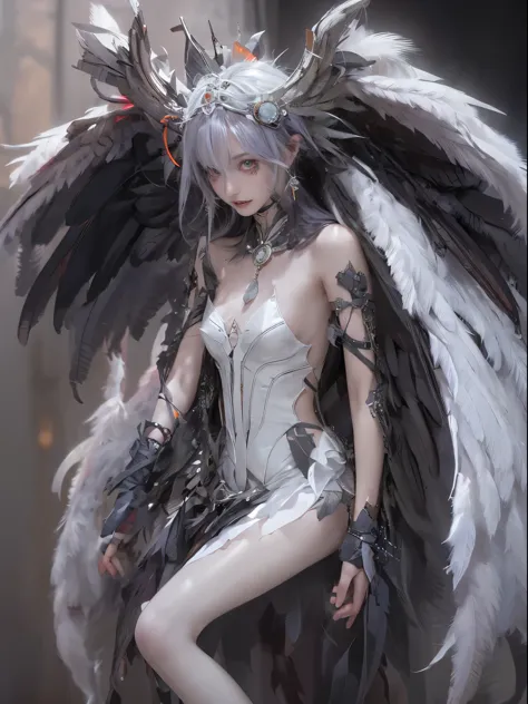 (white color concept:1.0),a girl like doll with angel wings, archdevil, nearly naked, thin body, skinny, small breasts, flat che...