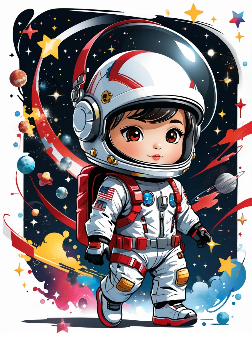 Cartoon Graffiti Characters，Vector illustration，A visually striking chibi astronaut is portrayed in great detail，He wears a black visor，Wearing a refreshing white suit with red straps，The cute hero rides a children&#39;s tricycle with large grippy tires，Exploring the lunar surface，The background shows a pleasant galaxy filled with graffiti-style stars and cosmic wonders.，This piece of concept art combines anime、Graffiti、Illustration and typography，Created a whimsical，Imaginative image of space exploration，Add whimsy to the scene，1xhsn1