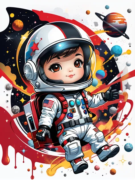卡通Graffiti人物，Vector illustration，A visually striking chibi astronaut is portrayed in great detail，He wears a black visor，Wearing...
