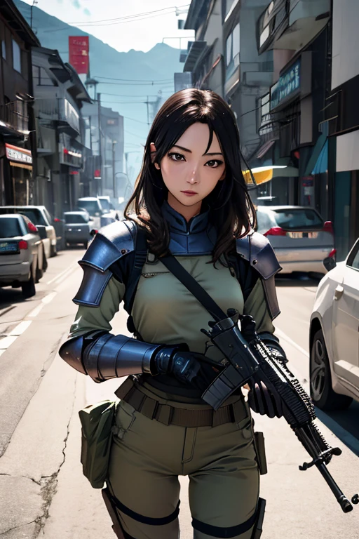 survival game、Heavy Armored Soldier、survival gameのフィールド、A beautiful girl is holding a firearm、head to waste、Vulcan cannon、m134 milligun、Material Rifle、heavy machine gun、