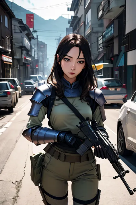 survival game、Heavy Armored Soldier、survival gameのフィールド、A beautiful girl is holding a firearm、head to waste、Vulcan cannon、m134 m...