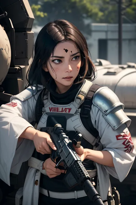 survival game、Heavy Armored Soldier、survival gameのフィールド、A beautiful girl is holding a firearm、head to waste、Vulcan cannon、m134 m...