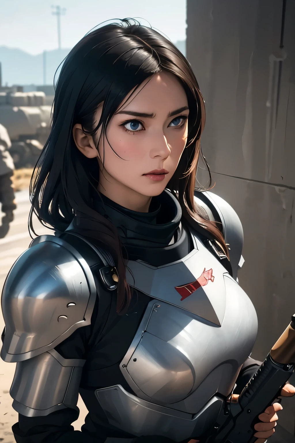 survival game、Heavy Armored Soldier、survival gameのフィールド、A beautiful girl is holding a firearm、head to waste、Vulcan cannon、m134 milligun、Material Rifle、heavy machine gun、