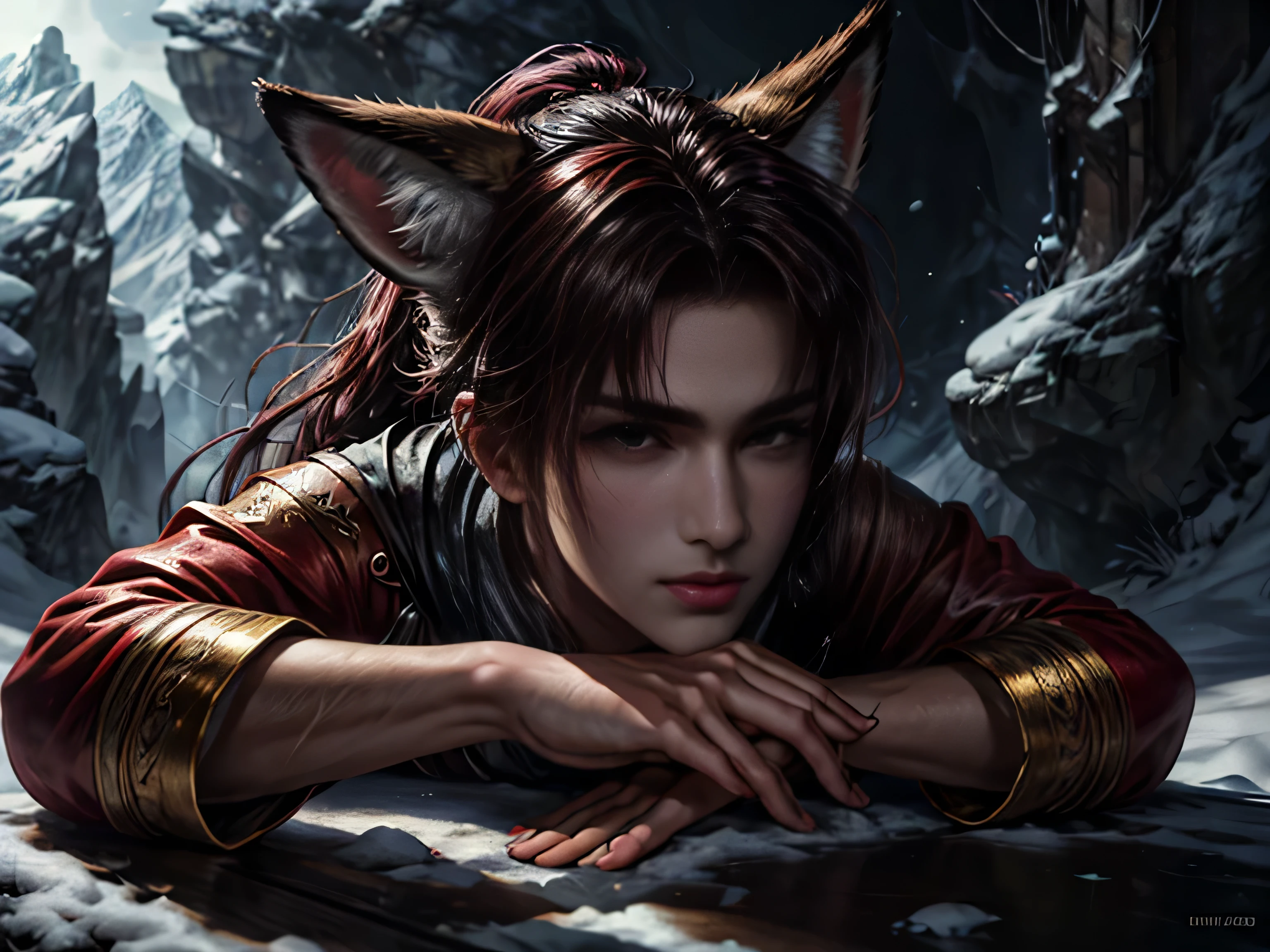 (Best Quality, 8K, Masterpiece, HDR, Soft Lighting, Picture Perfect, Realistic, Vivid), Black-haired guy with fox ears and baby fox animal lie on the snow, on the mountainside, Anime Illustrations, Beautiful Illustrations, Exquisite Digital Illustrations, Realistic digital anime, realistic digital anime art, (ultra high quality fantasy art), masterpiece, male model, ultra high quality male character designs, anime art with 8k development, realistic anime art, highest quality wallpaper illustrations, complex ultra high quality accurate male characters faces, high quality design and accurate physics (super-quality fantasy style)), art, dark fantasy)) Style), masterpieces, super-quality characters, anime resolution - 8K, realistic anime art, wallpapers with the highest quality illustrations, ultra-high detail of faces, high-quality design and physics accuracy), color, depth of field, shadows, ray tracing, production of high-quality computer wallpapers and 8K resolution, (Accurate simulation of the interaction of light and materials)], [High-quality detailed hair [More about beautiful and shiny red hair]], (Beautifully detailed hands [perfect fingers [Perfect nails]], (perfect anatomy (perfect proportions)))) [[Full length]], [Perfect color combination (Accurate imitation of the interaction of light and material)], [art that conveys the meaning of the story ]