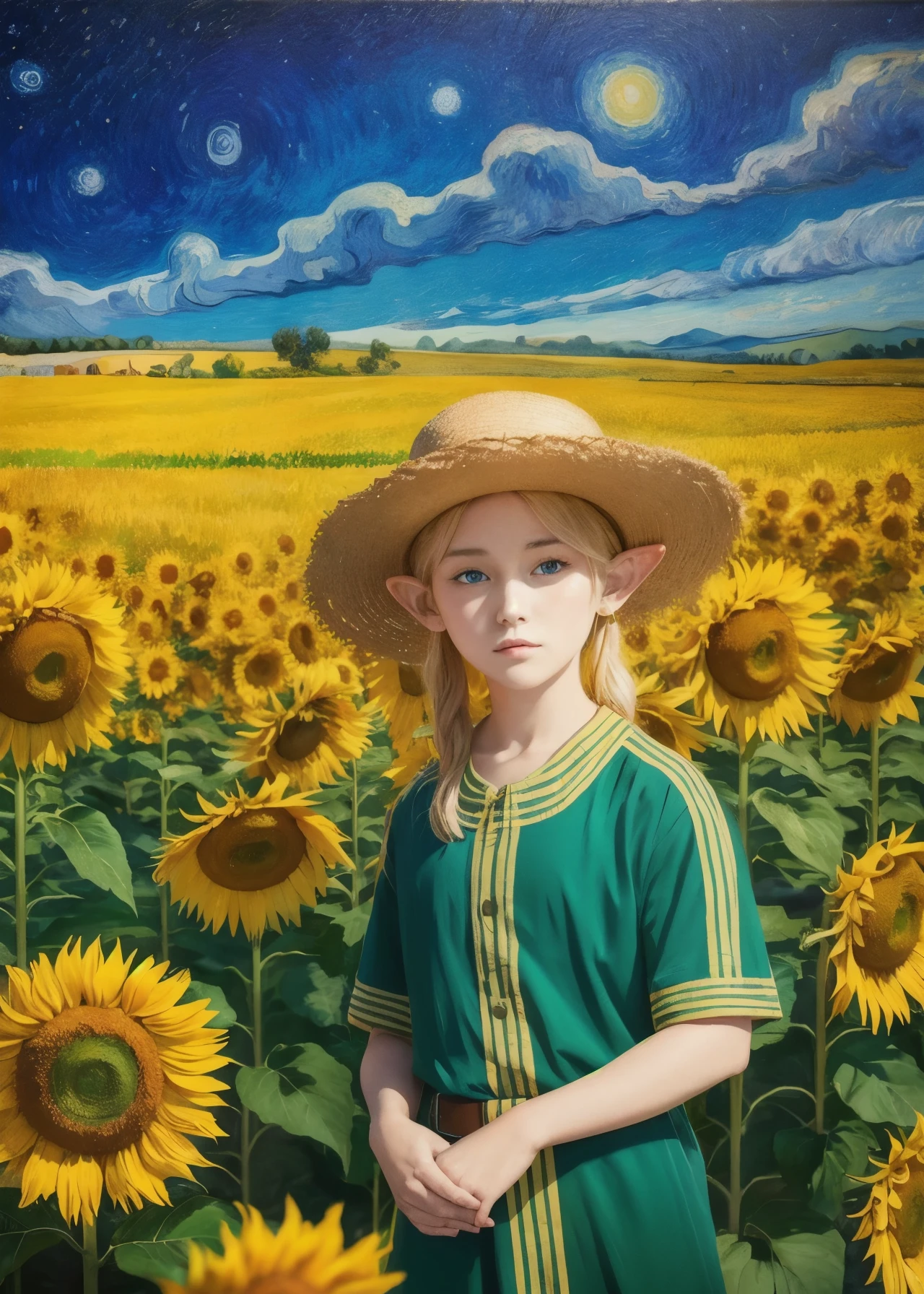 oil painting, by van gogh, colorful, abstract, abstract background, masterpiece, best quality, ultra detailed wallpaper,  20 year old bo, Wearing a straw hat, cornfield, tree, star, surreal dreamscape, sunflowers,night, elf