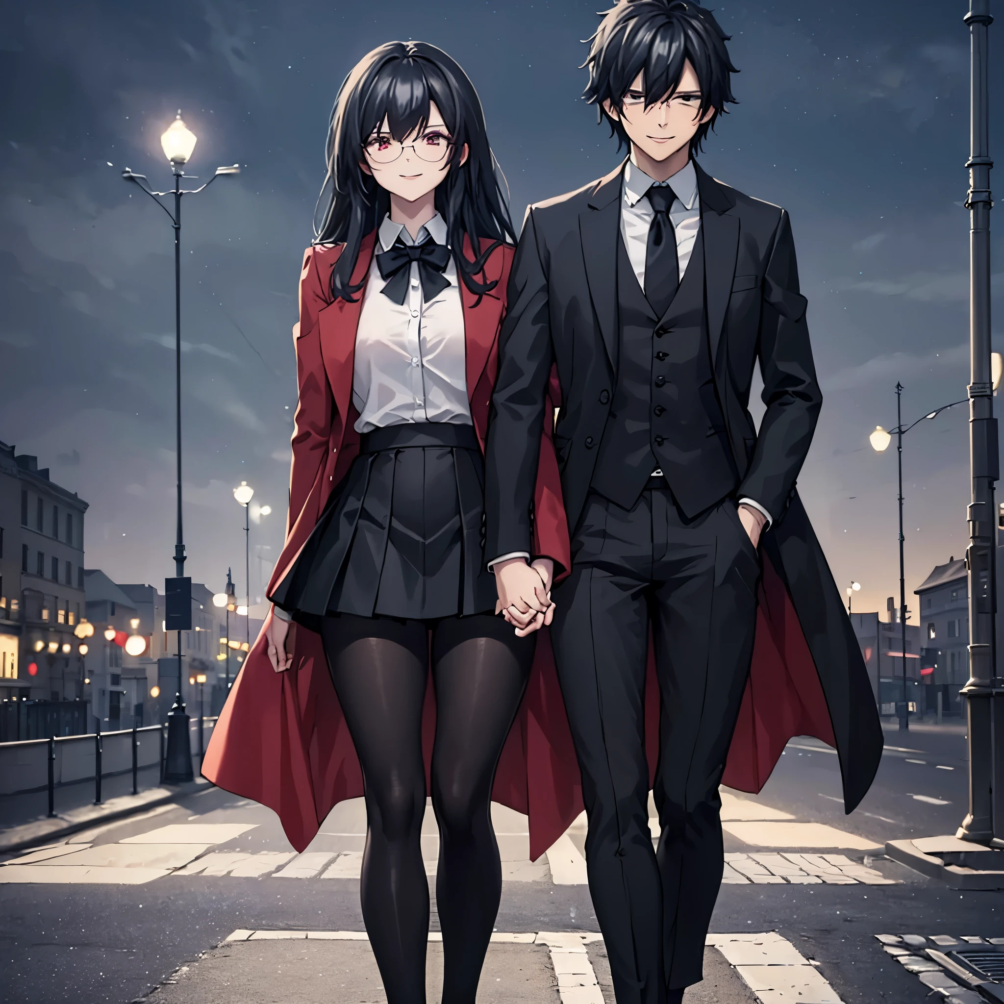 A man together with a woman holding hands Walking on a wide sidewalk overlooking a city at night with illuminated buildings, with perfect lighting, (romantic mood) (holding hands perfectly with coherent fingers), (woman wearing red coat white shirt , black skirt, black tights, smiling red eyes, long black hair) (a man wearing a black suit, black pants, black hair, dark blue eyes, smiling) (just a man and woman couple), .shadow, flower , UHD , masterpiece, accurate, anatomically correct, textured skin, super detail, high quality, best quality, 8k, high resolution, bokeh effect.
