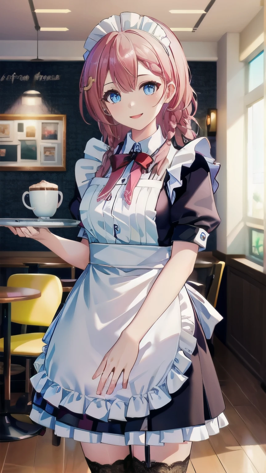 One girl, Stay \(honkai: Star Rail\), hairpin, Maid, Maid headdress, Maid apron, holding coffee on a tray, Lace-trimmed legwear, Cowboy Shot, Cafe, indoor, View Viewer, smile, (Highly detailed CG Unity 8k wallpaper,masterpiece, highest quality, Super detailed, Beautiful fine details:1.2)