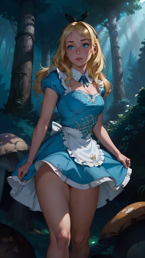 (La mejor calidad,A high resolution,Ultra - detallado,actual),Alice Wonderland, vestido corto azul, medias white muslo, cabello ...