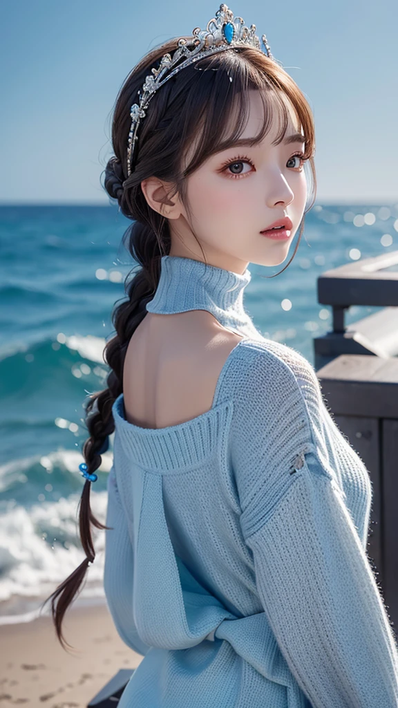 ＡＩBeauty、Highlight Color、Shorter than chin length、Glossy、With bangs、Braid、tiara、The perfect balance、Quite expensive、ＧCup or more、turtleneck、blouse、sweater、T-back、Heart pattern、Erotic、Light blue hairstyle、Ocean Prompt