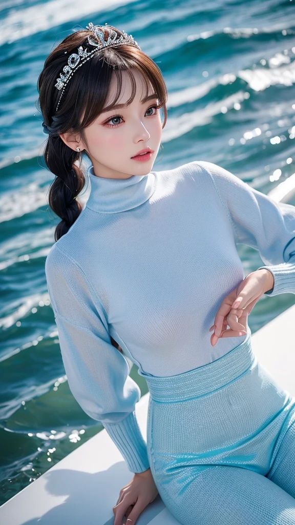 ＡＩBeauty、Highlight Color、Shorter than chin length、Glossy、With bangs、Braid、tiara、The perfect balance、Quite expensive、ＧCup or more、turtleneck、blouse、sweater、T-back、Heart pattern、Erotic、Light blue hairstyle、Ocean Prompt