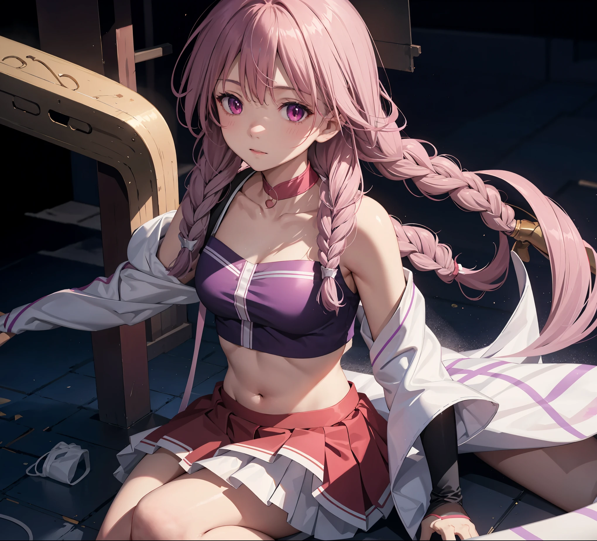 1 Girl, Open your mouth, blush, cosmetic, A faint smile, Purple and white gradient double braids, Red Eyes, Crop Top, skirt, light, glow, thigh, clavicle, Willow Waist, (masterpiece), wallpaper,