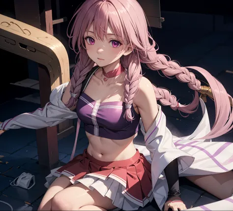 1 Girl, Open your mouth, blush, cosmetic, A faint smile, Purple and white gradient double braids, Red Eyes, Crop Top, skirt, lig...