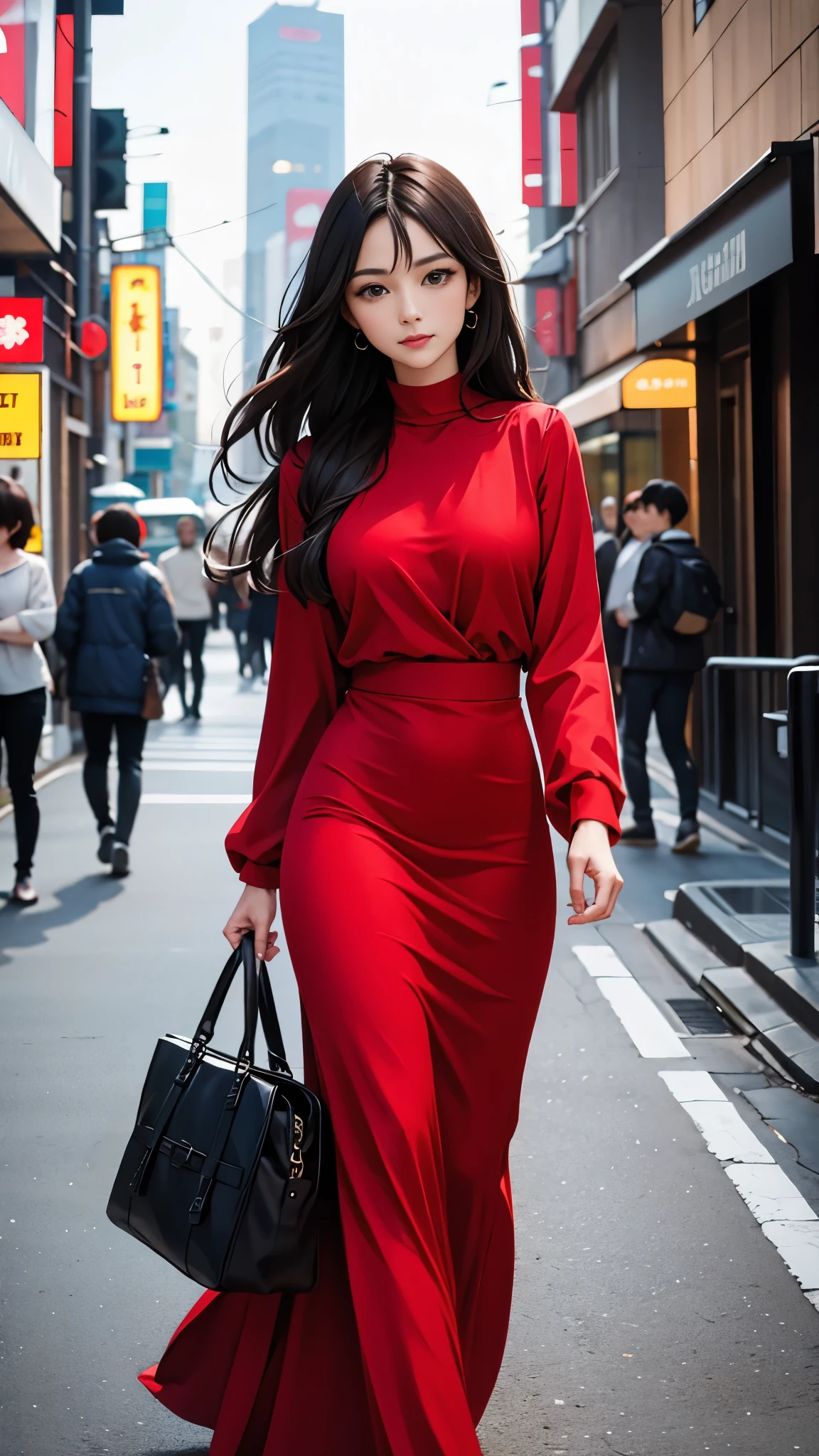 Linda garota de cabelos pretos com olhos castanhos e cabelos longos em um elegante vestido vermelho caminhando pelas ruas de Tóquio à noite 