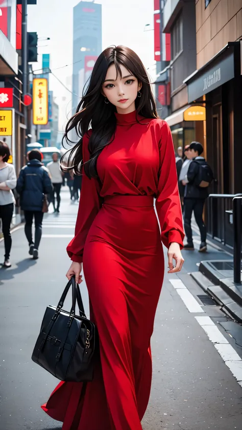 Beautiful black-haired girl with brown eyes and long hair in elegant red dress walking on the streets of Tokyo at night 