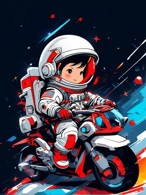 卡通Graffiti人物，Vector illustration，A visually striking chibi astronaut is portrayed in great detail，He wears a black visor，Wearing...