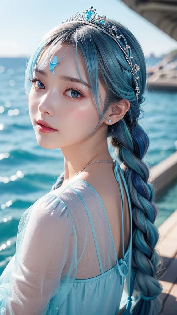 ＡＩBeauty、Highlight Color、Shorter than chin length、With bangs、Braid、tiara、The perfect balance、ＧCup or more、Light blue T-back、Heart pattern、Erotic、Light blue hairstyle、Ocean Prompt、See-through、Face masks