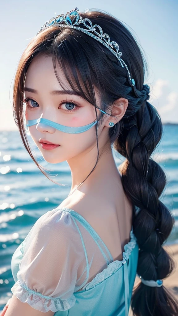 ＡＩBeauty、Highlight Color、Shorter than chin length、With bangs、Braid、tiara、The perfect balance、ＧCup or more、Light blue T-back、Heart pattern、Erotic、Light blue hairstyle、Ocean Prompt、See-through、Face masks