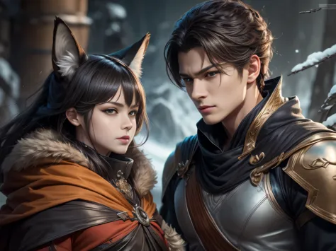(Best Quality, 8K, Masterpiece, HDR, Soft Lighting, Picture Perfect, Realistic, Vivid), Black-haired guy with fox ears and baby ...