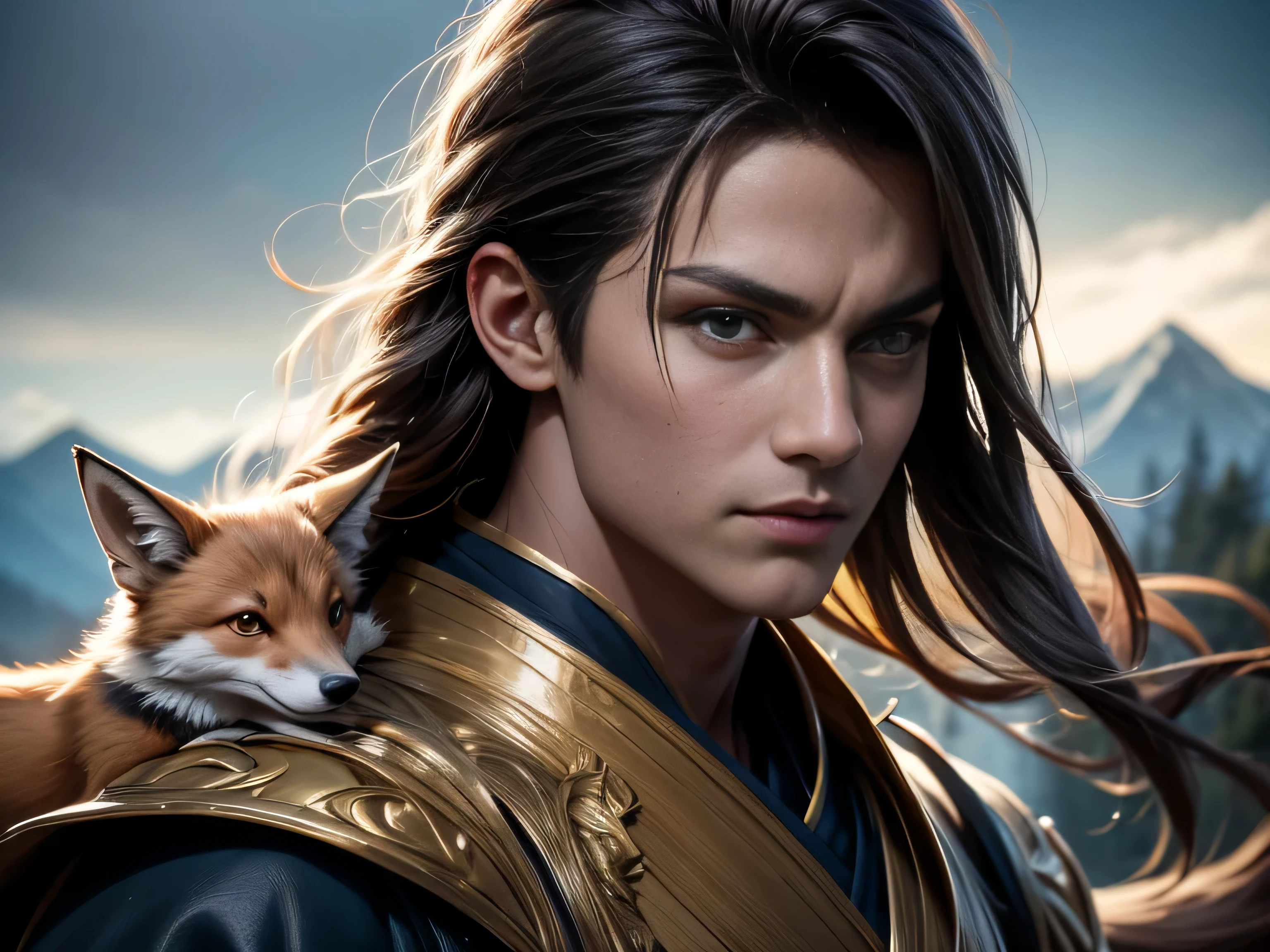 (Best Quality, 8K, Masterpiece, HDR, Soft Lighting, Picture Perfect, Realistic, Vivid), Black-haired guy with fox ears and baby fox animal lie on the snow, on the mountainside, Anime Illustrations, Beautiful Illustrations, Exquisite Digital Illustrations, Realistic digital anime, realistic digital anime art, (ultra high quality fantasy art), masterpiece, male model, ultra high quality male character designs, anime art with 8k development, realistic anime art, highest quality wallpaper illustrations, complex ultra high quality accurate male characters faces, high quality design and accurate physics (super-quality fantasy style)), art, dark fantasy)) Style), masterpieces, super-quality characters, anime resolution - 8K, realistic anime art, wallpapers with the highest quality illustrations, ultra-high detail of faces, high-quality design and physics accuracy), color, depth of field, shadows, ray tracing, production of high-quality computer wallpapers and 8K resolution, (Accurate simulation of the interaction of light and materials)], [High-quality detailed hair [More about beautiful and shiny red hair]], (Beautifully detailed hands [perfect fingers [Perfect nails]], (perfect anatomy (perfect proportions)))) [[Full length]], [Perfect color combination (Accurate imitation of the interaction of light and material)], [art that conveys the meaning of the story ]