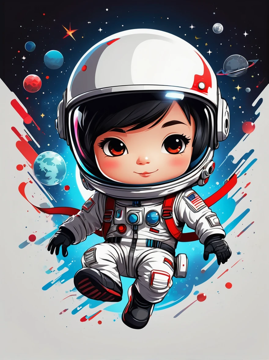 卡通Graffiti人物，Vector illustration，A visually striking chibi astronaut is portrayed in great detail，He wears a black visor，Wearing a refreshing white suit with red straps，The cute hero rides a children&#39;s tricycle with large grippy tires，Exploring the lunar surface，背景展示了一个充满Graffiti风格的星星和宇宙奇观的宜人星系，This piece of concept art combines anime、Graffiti、Illustration and typography，Created a whimsical，Imaginative image of space exploration，Add whimsy to the scene，1xhsn1