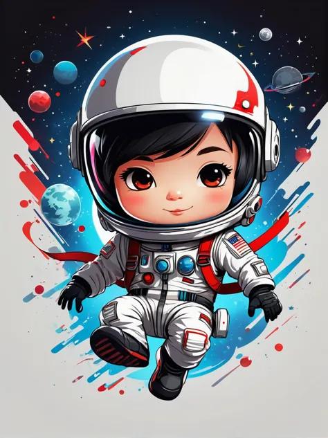 卡通Graffiti人物，Vector illustration，A visually striking chibi astronaut is portrayed in great detail，He wears a black visor，Wearing...